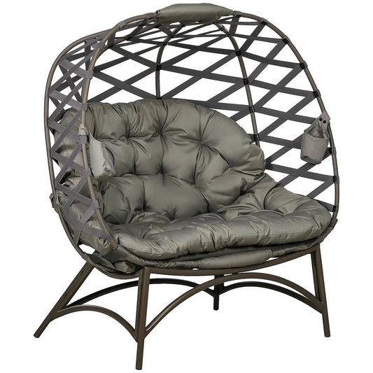 Outsunny 2 Seater Egg Chair Outdoor, Folding Weave Garden Furniture Chair with Cushion, Cup Pockets 