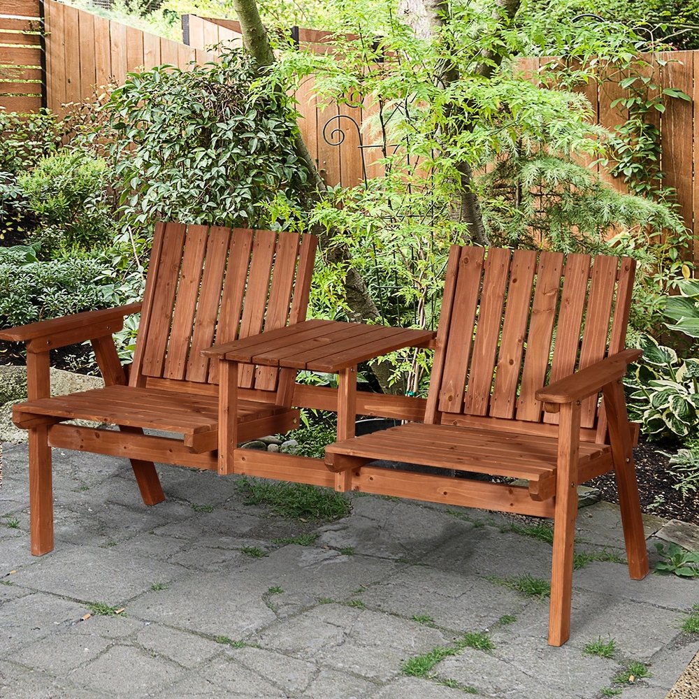 Outsunny 2-Seater Fir Wood Bench w/ Centre Table 1