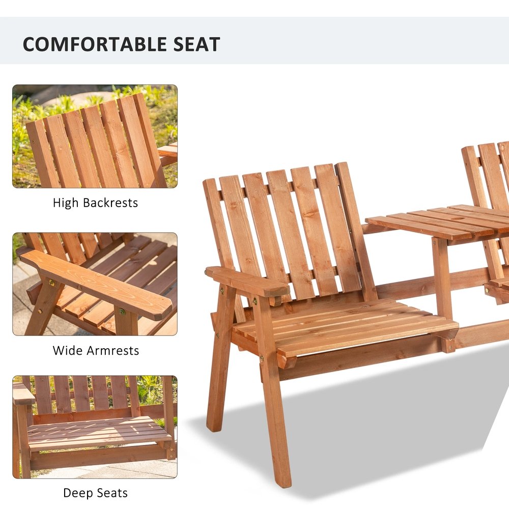 Outsunny 2-Seater Fir Wood Bench w/ Centre Table 4