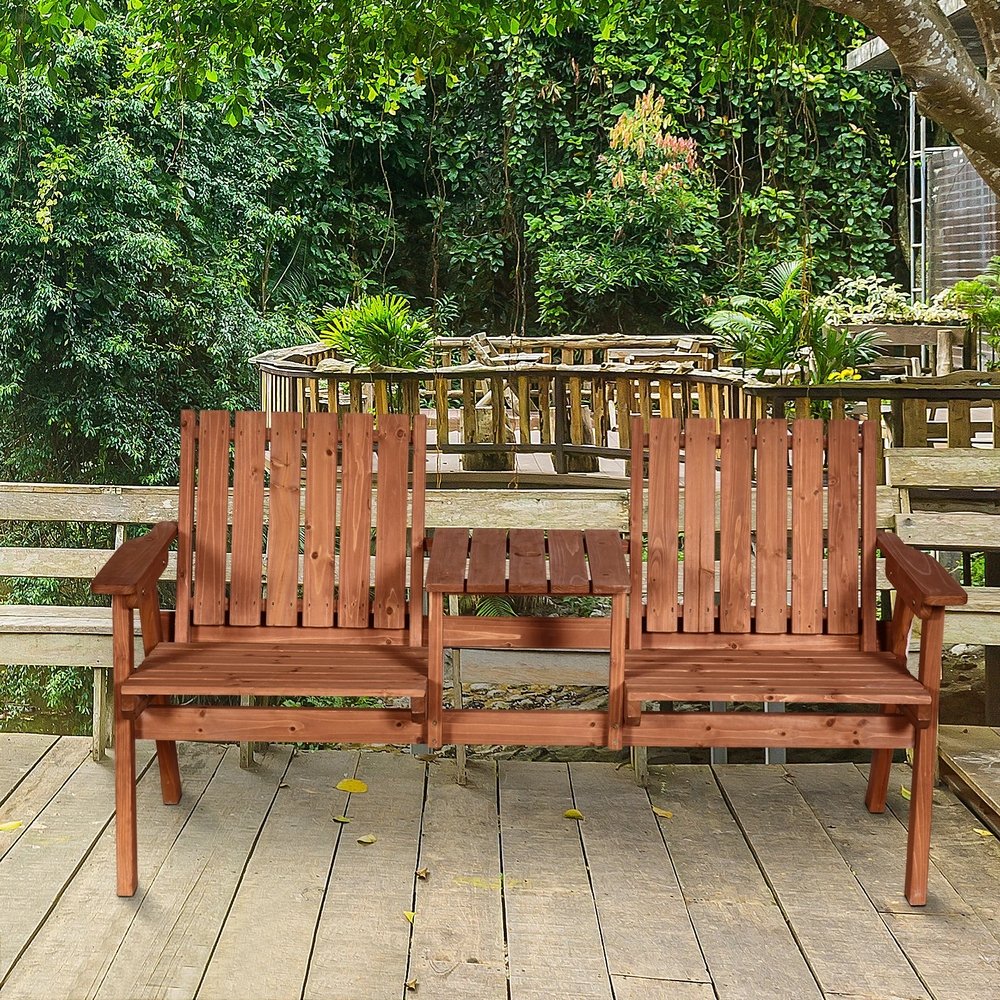 Outsunny 2-Seater Fir Wood Bench w/ Centre Table 9