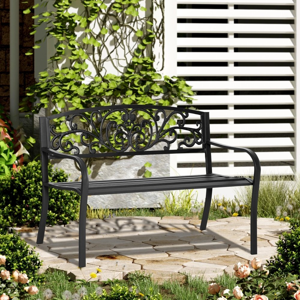 Outsunny 2-Seater Garden Bench, Steel-Black 1