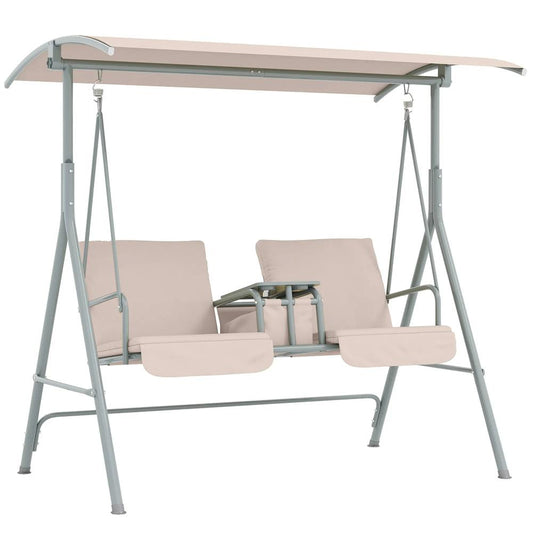 Outsunny 2 Seater Garden Swing Chair Patio Rocking Bench w/ Tilting Canopy, Double Padded Seats, Storage Bag and Tray, Beige 