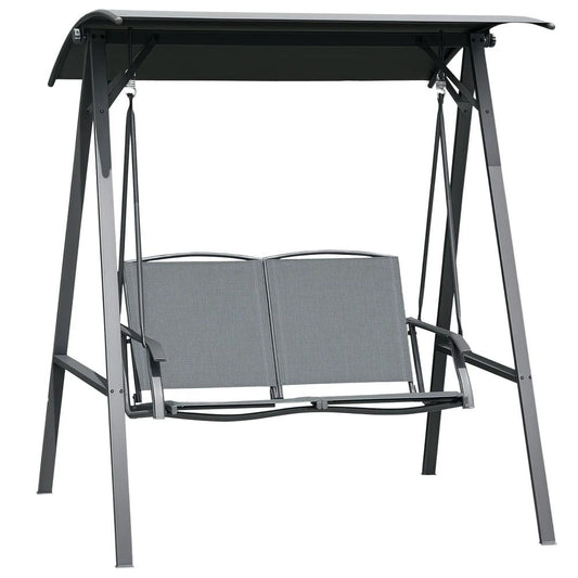 Outsunny 2 Seater Garden Swing Seat Swing Chair, Outdoor Canopy Swing Bench with Adjustable Shade, Metal Frame and Texteline Seat, Dark Grey 