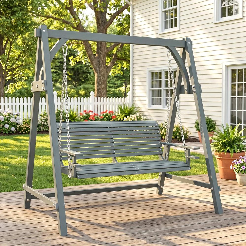 Outsunny 2 Seater Garden Swing Seat, Wooden Swing Chair Bench with Cup Holders for Outdoor Porch Patio 1