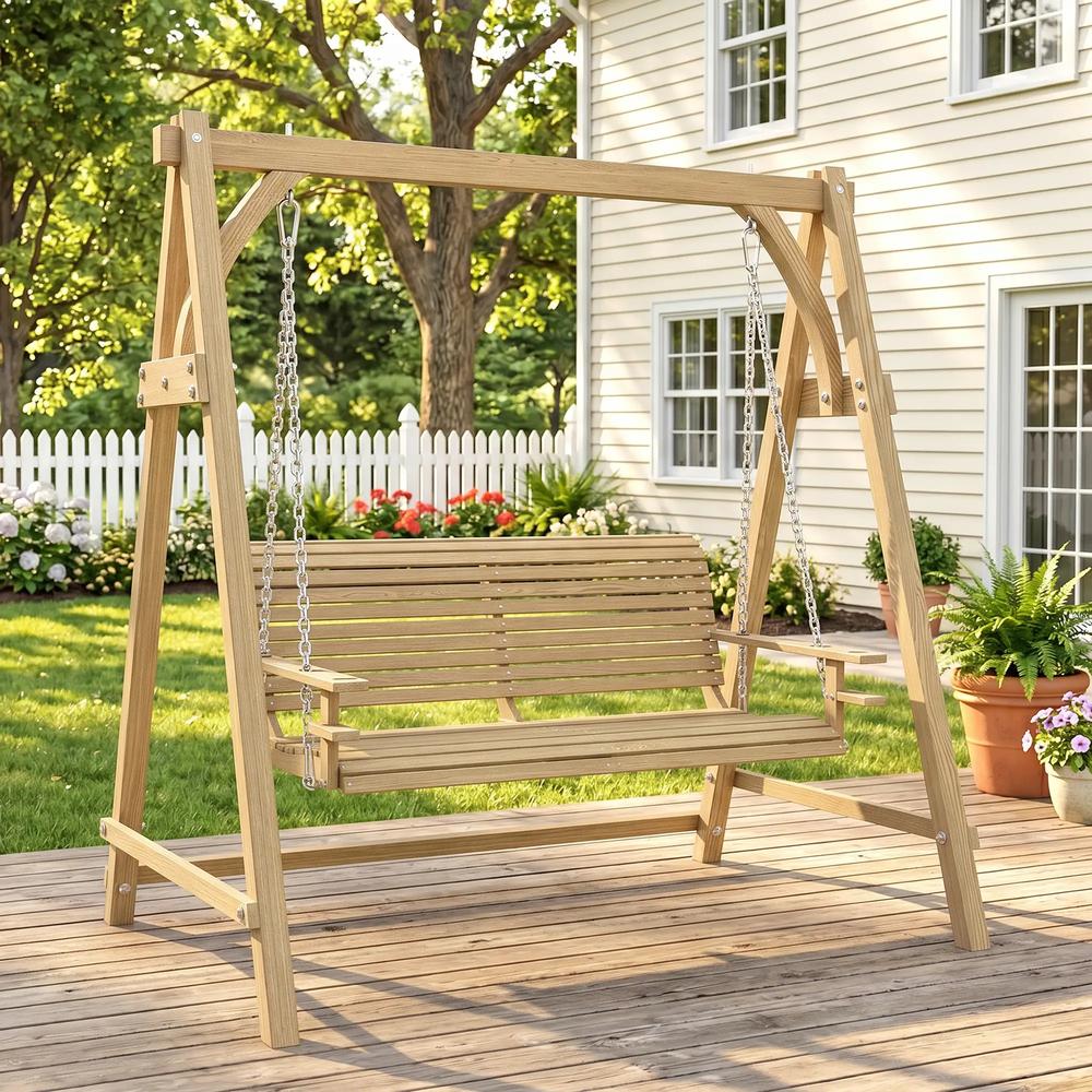 Outsunny 2 Seater Garden Swing Seat, Wooden Swing Chair Bench with Cup Holders for Outdoor Porch Patio 15
