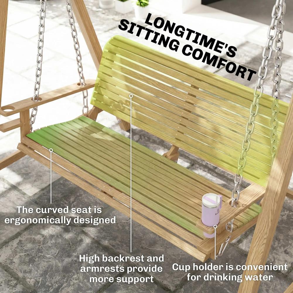 Outsunny 2 Seater Garden Swing Seat, Wooden Swing Chair Bench with Cup Holders for Outdoor Porch Patio 19