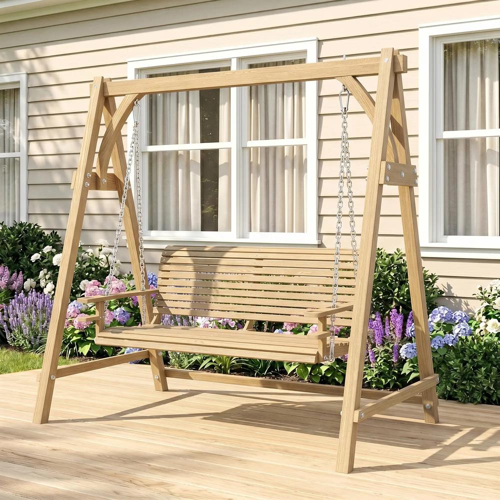 Outsunny 2 Seater Garden Swing Seat, Wooden Swing Chair Bench with Cup Holders for Outdoor Porch Patio 21