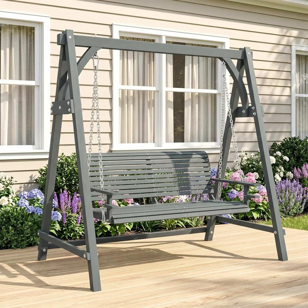 Outsunny 2 Seater Garden Swing Seat, Wooden Swing Chair Bench with Cup Holders for Outdoor Porch Patio 6