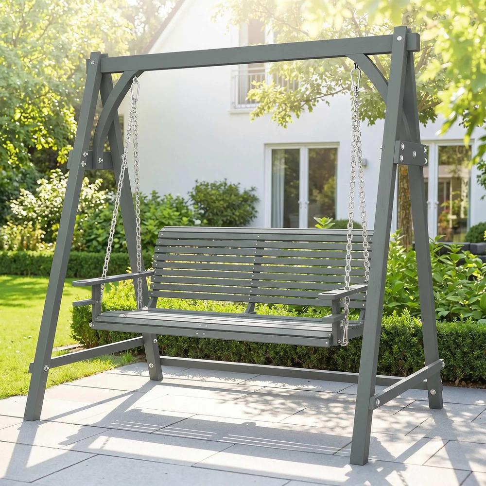 Outsunny 2 Seater Garden Swing Seat, Wooden Swing Chair Bench with Cup Holders for Outdoor Porch Patio 7