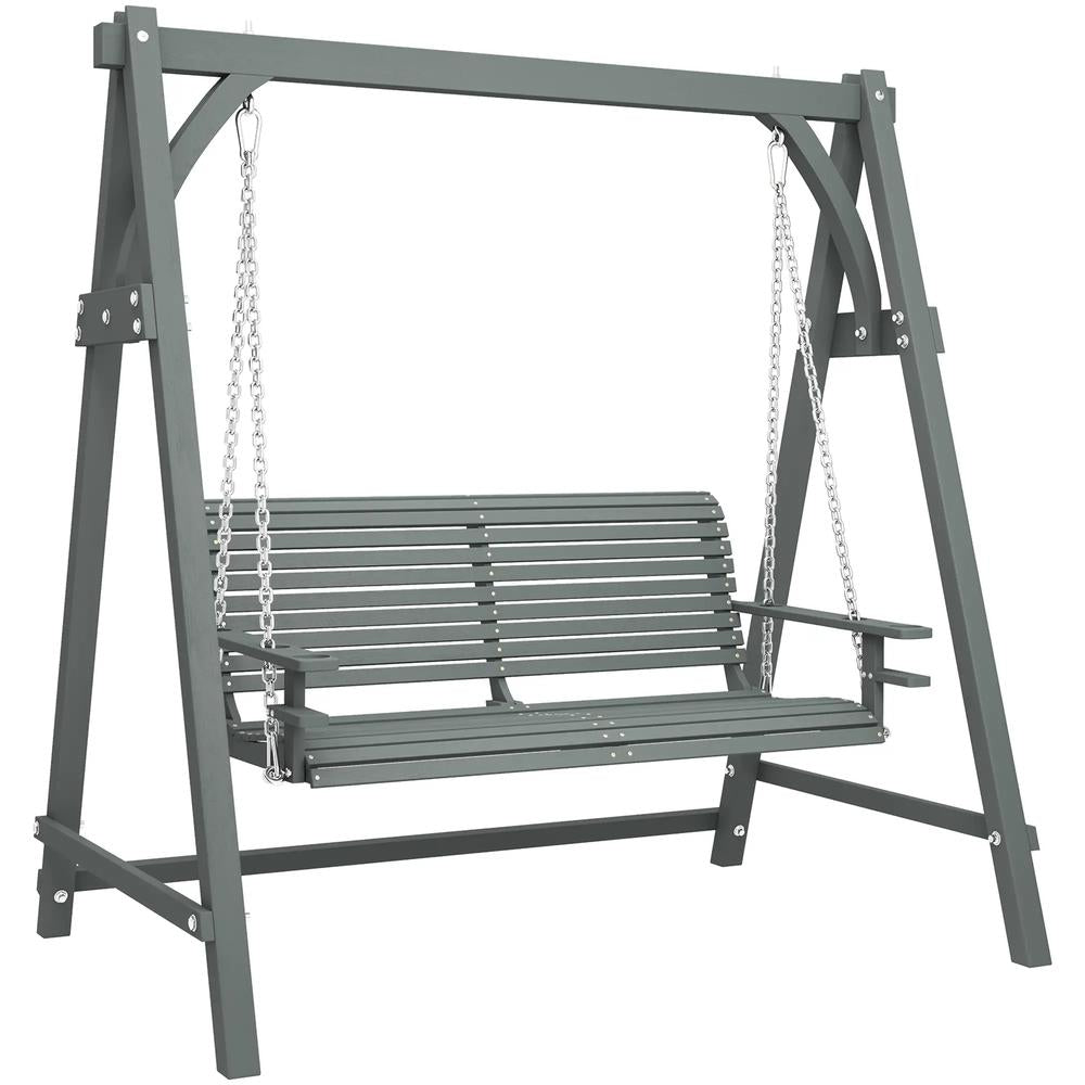 Outsunny 2 Seater Garden Swing Seat, Wooden Swing Chair Bench with Cup Holders for Outdoor Porch Patio 