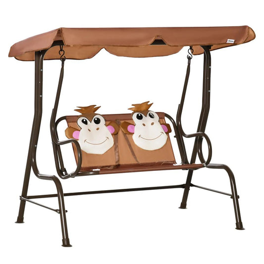 Outsunny 2 Seater Kids Garden Swing Seat, Children Outdoor Patio Lounge Chair for Gardens w/ Adjustable Awning, Seatbelt, Monkey Pattern - Brown 