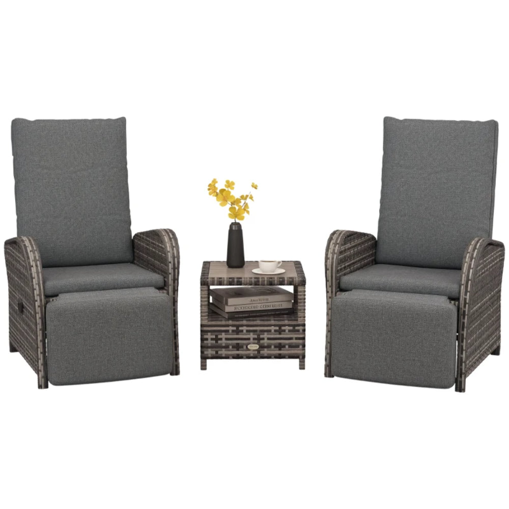 Outsunny 2 Seater Patio Rattan Chaise Lounge Sofa Set with Fabric Cushion, Grey and Brown
