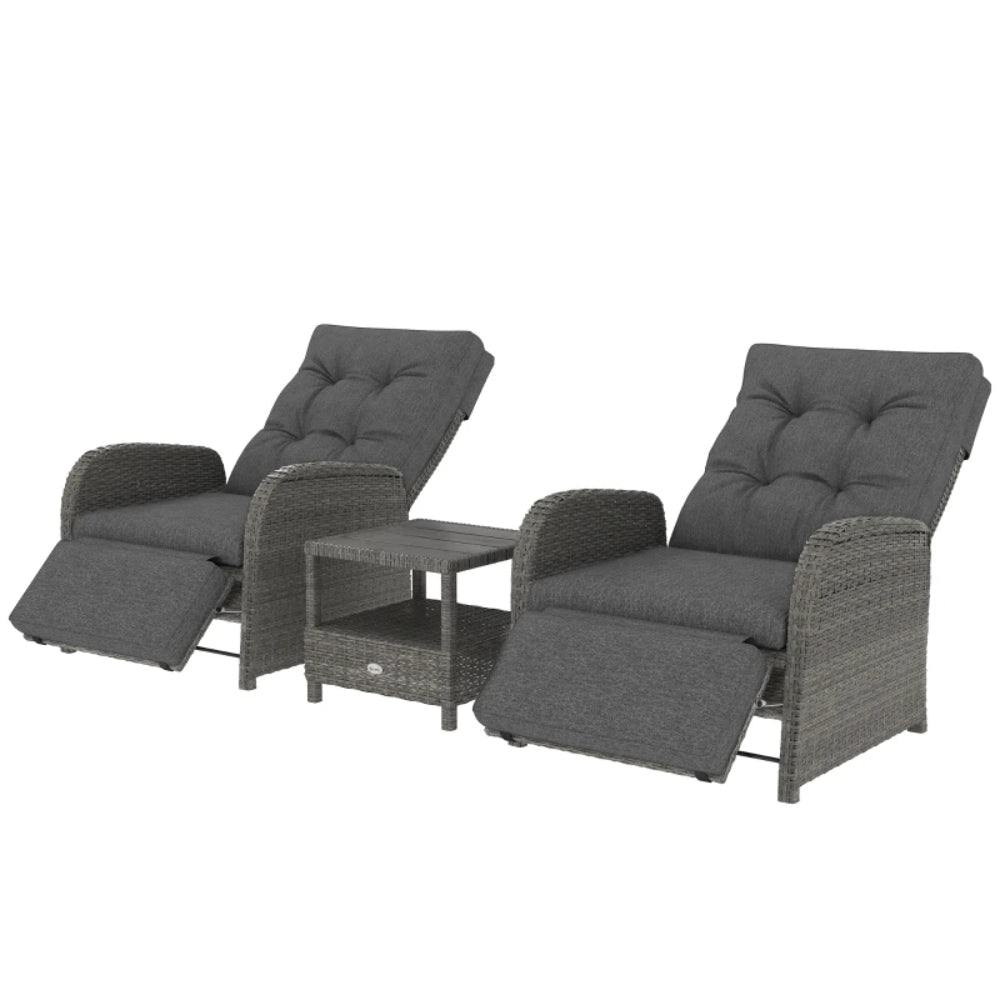 Outsunny 2 Seater Patio Rattan Wicker No Installation Chaise Lounge Sofa Set w/ Cushion for Patio Garden Porch, Grey