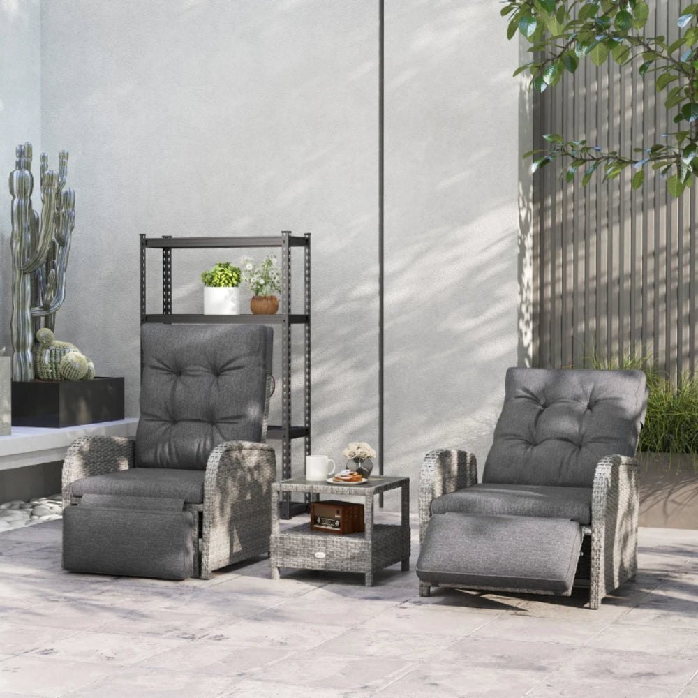 Outsunny 2 Seater Patio Rattan Wicker No Installation Chaise Lounge Sofa Set w/ Cushion for Patio Garden Porch, Grey