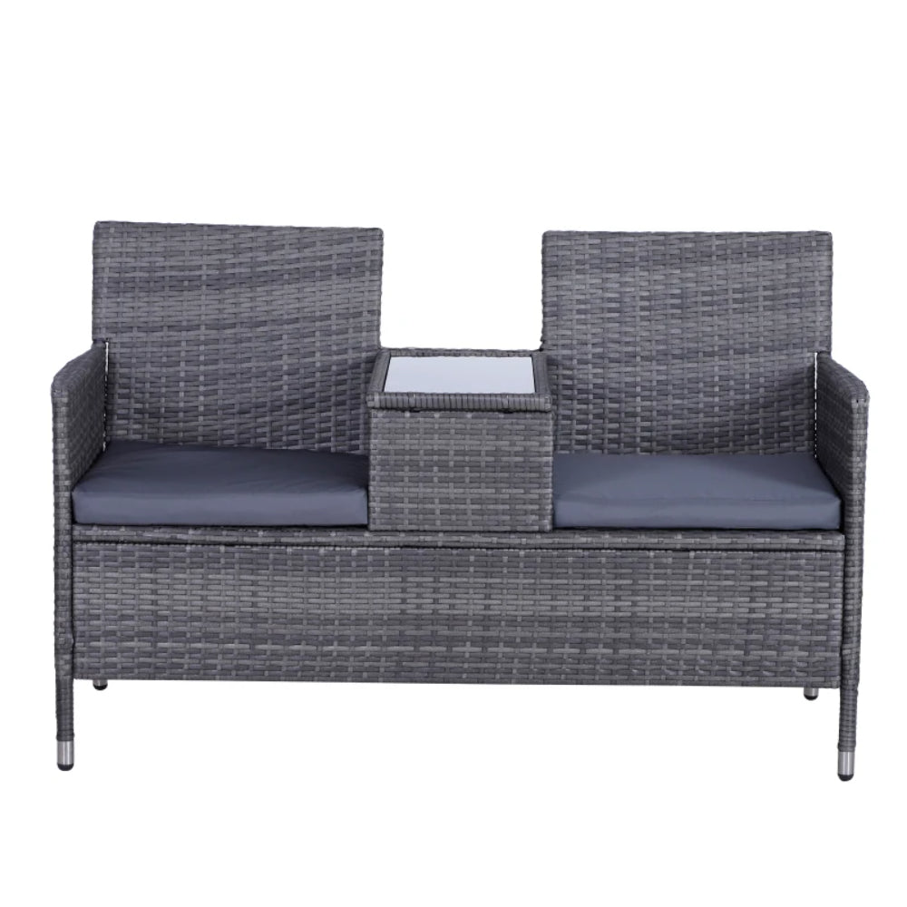 Outsunny 2-Seater PE Rattan Outdoor Garden Bench w/ Centre Table Grey