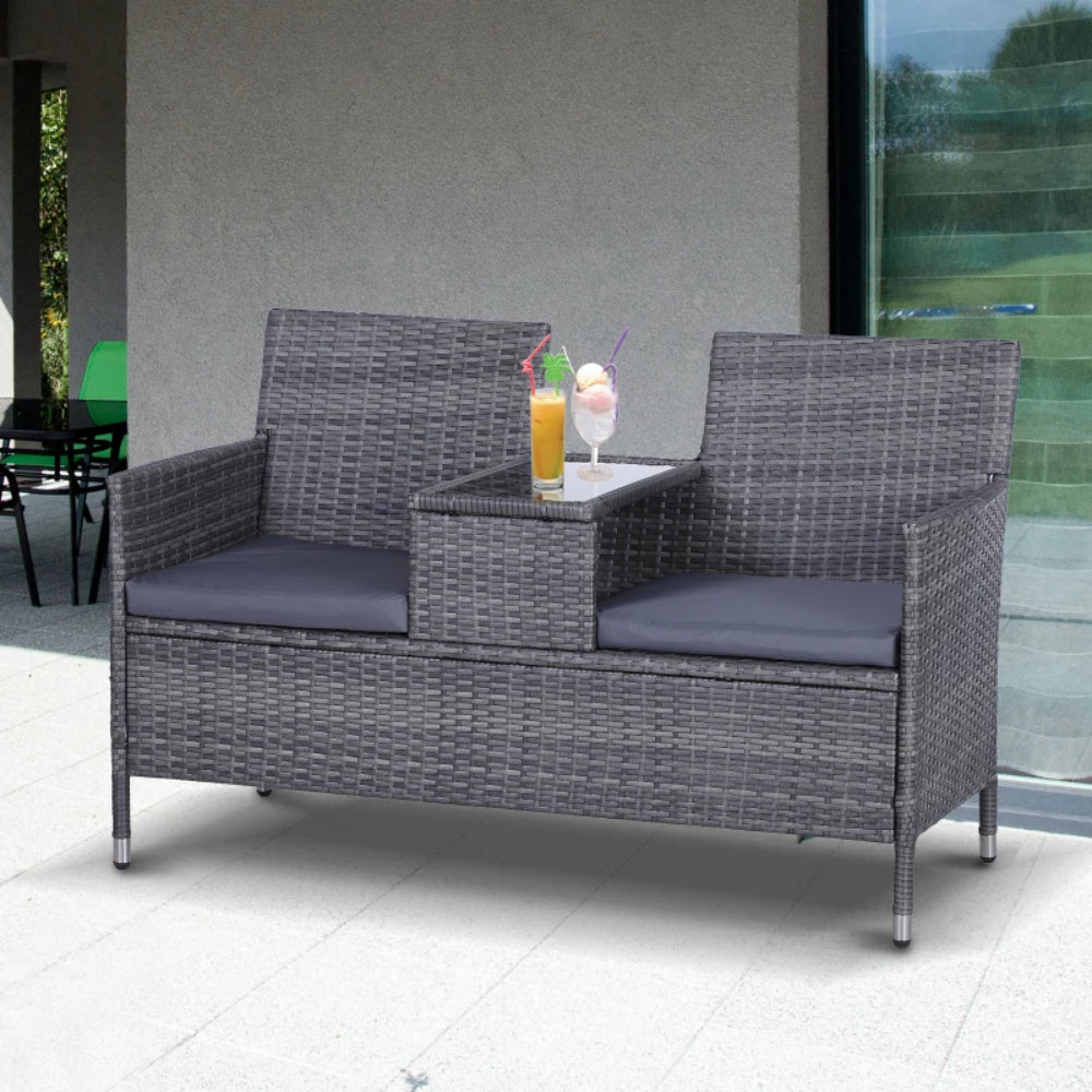 Outsunny 2-Seater PE Rattan Outdoor Garden Bench w/ Centre Table Grey
