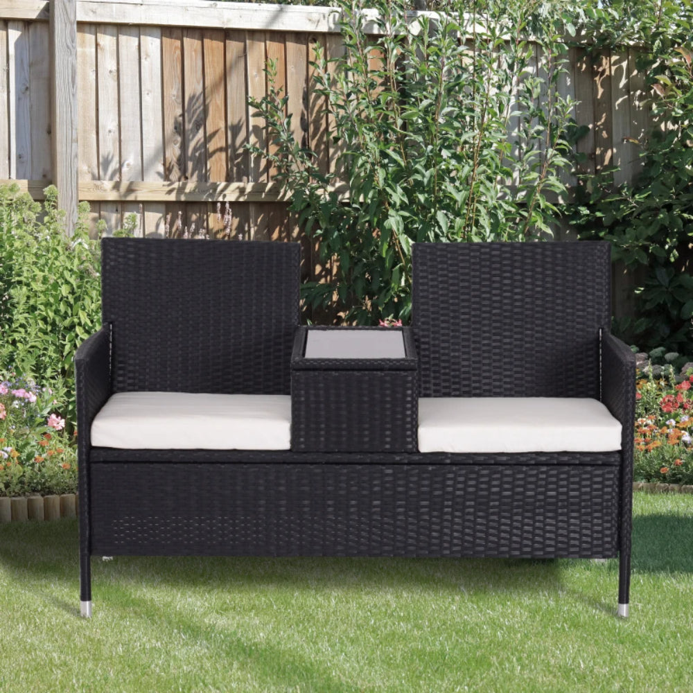 Outsunny 2-Seater Rattan Chair Set W/Middle Tea Table-Black