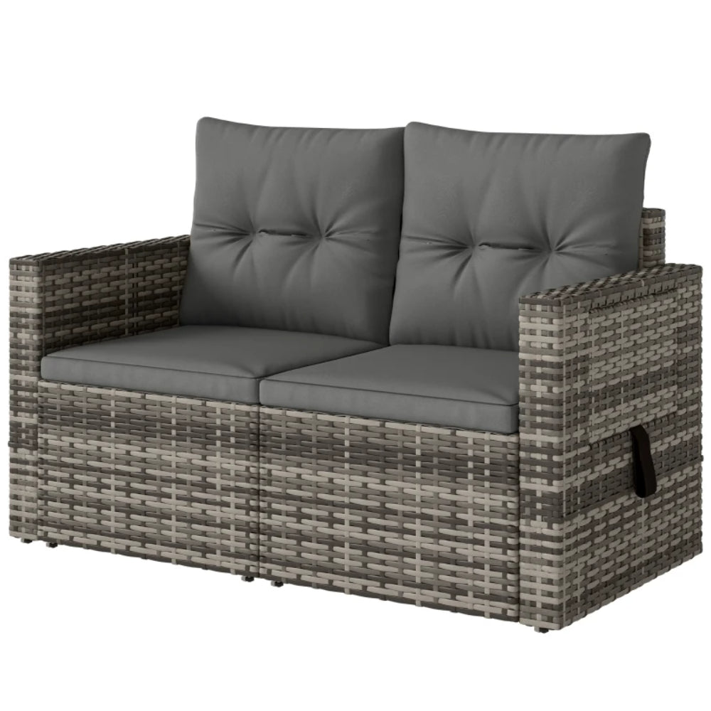 Outsunny 2 Seater Rattan Garden Sofa Outdoor Loveseat with Hidden Side Trays and Cushions for Patio Balcony, Dark Grey