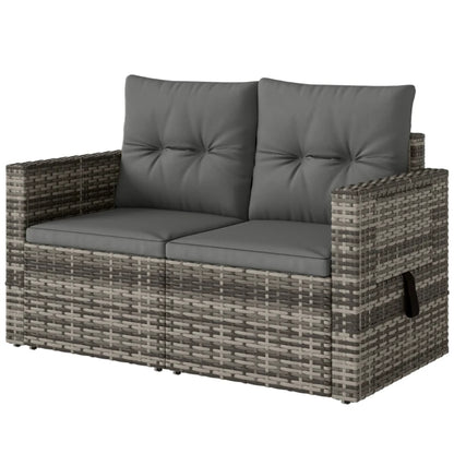 Outsunny 2 Seater Rattan Garden Sofa Outdoor Loveseat with Hidden Side Trays and Cushions for Patio Balcony, Dark Grey