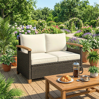 Outsunny 2 Seater Rattan Garden Sofa, Outdoor Sofa with Thickened Cushions and Acacia Wood Armrests