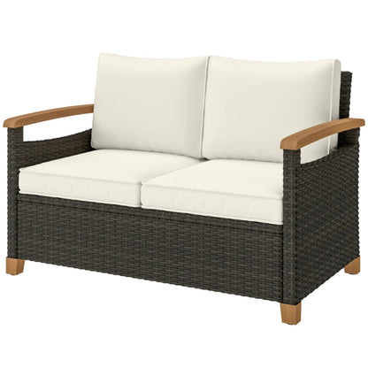 Outsunny 2 Seater Rattan Garden Sofa, Outdoor Sofa with Thickened Cushions and Acacia Wood Armrests