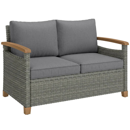 Outsunny 2 Seater Rattan Garden Sofa, Outdoor Sofa with Thickened Cushions and Acacia Wood Armrests