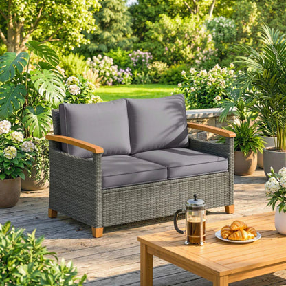 Outsunny 2 Seater Rattan Garden Sofa, Outdoor Sofa with Thickened Cushions and Acacia Wood Armrests