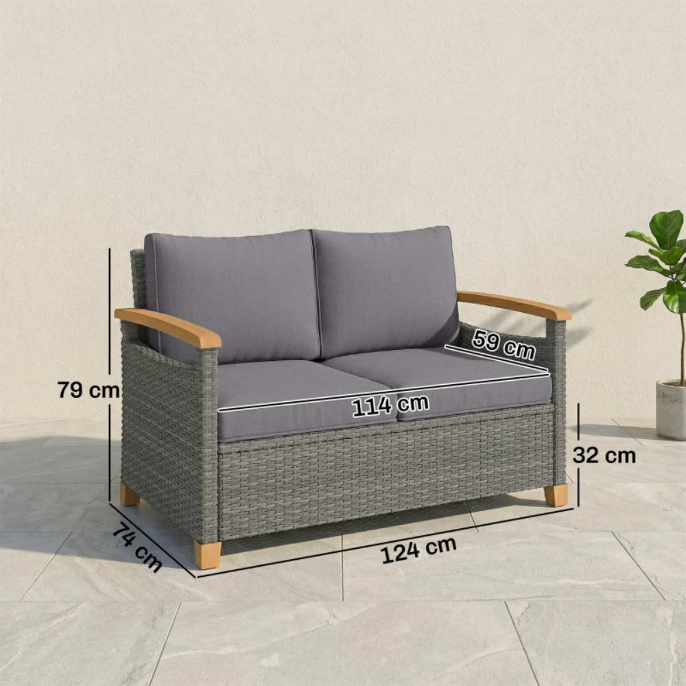 Outsunny 2 Seater Rattan Garden Sofa, Outdoor Sofa with Thickened Cushions and Acacia Wood Armrests