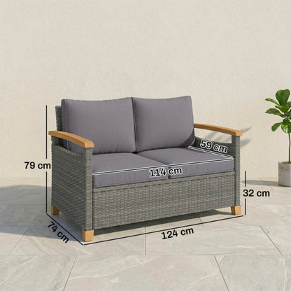 Outsunny 2 Seater Rattan Garden Sofa, Outdoor Sofa with Thickened Cushions and Acacia Wood Armrests