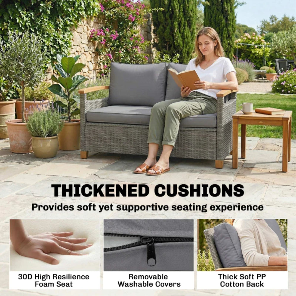 Outsunny 2 Seater Rattan Garden Sofa, Outdoor Sofa with Thickened Cushions and Acacia Wood Armrests