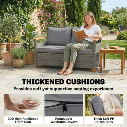 Outsunny 2 Seater Rattan Garden Sofa, Outdoor Sofa with Thickened Cushions and Acacia Wood Armrests