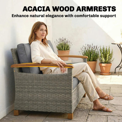 Outsunny 2 Seater Rattan Garden Sofa, Outdoor Sofa with Thickened Cushions and Acacia Wood Armrests