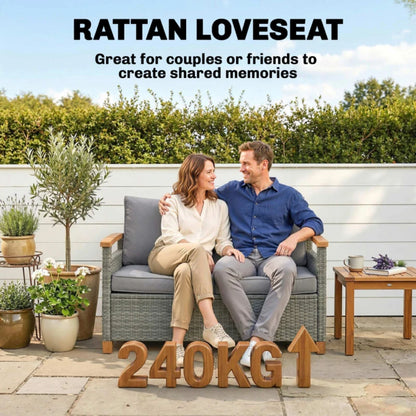 Outsunny 2 Seater Rattan Garden Sofa, Outdoor Sofa with Thickened Cushions and Acacia Wood Armrests
