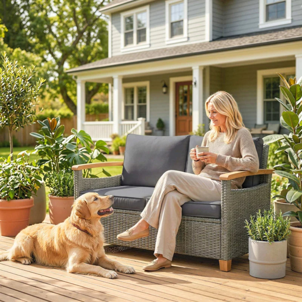 Outsunny 2 Seater Rattan Garden Sofa, Outdoor Sofa with Thickened Cushions and Acacia Wood Armrests