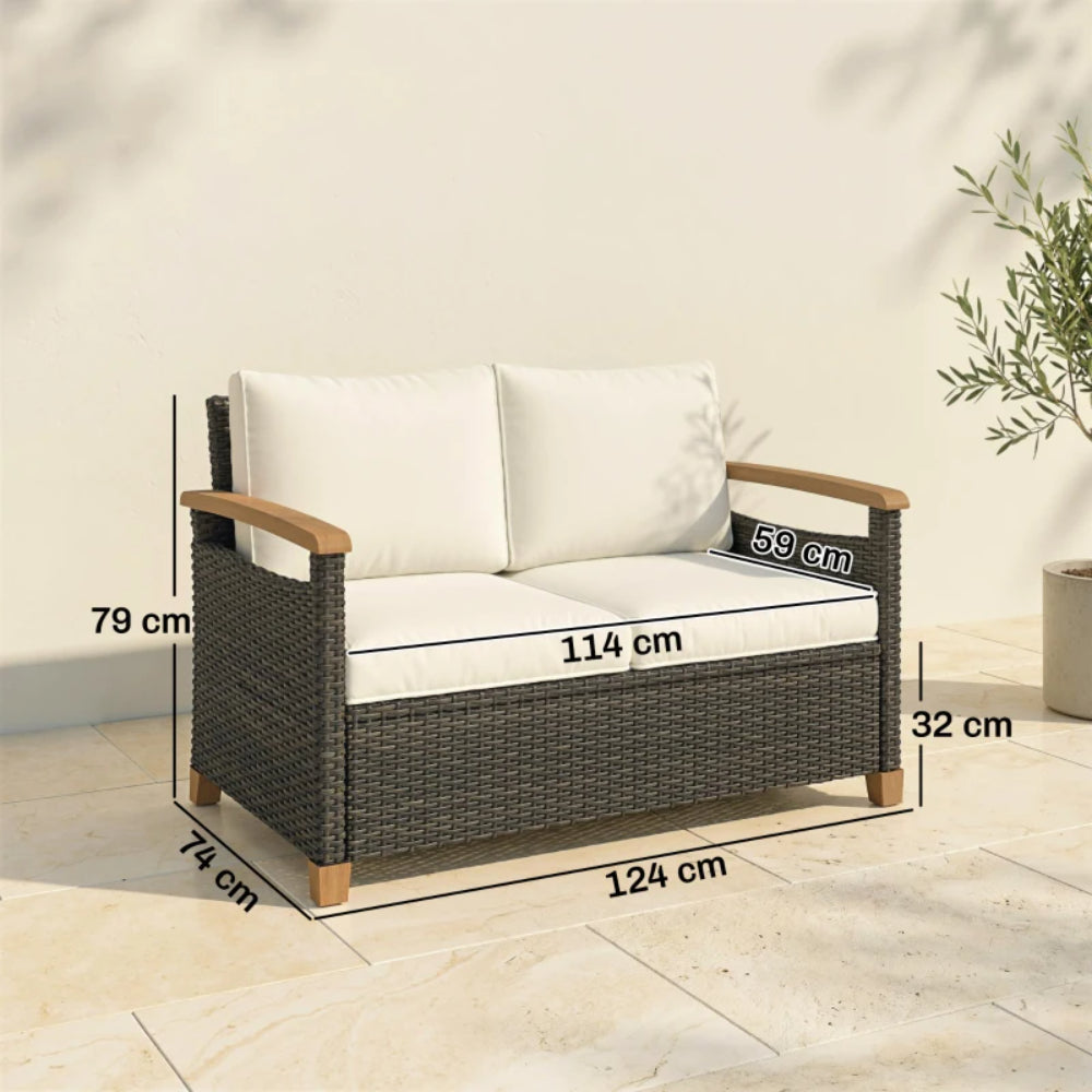 Outsunny 2 Seater Rattan Garden Sofa, Outdoor Sofa with Thickened Cushions and Acacia Wood Armrests