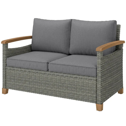 Outsunny 2 Seater Rattan Garden Sofa, Outdoor Sofa with Thickened Cushions and Acacia Wood Armrests