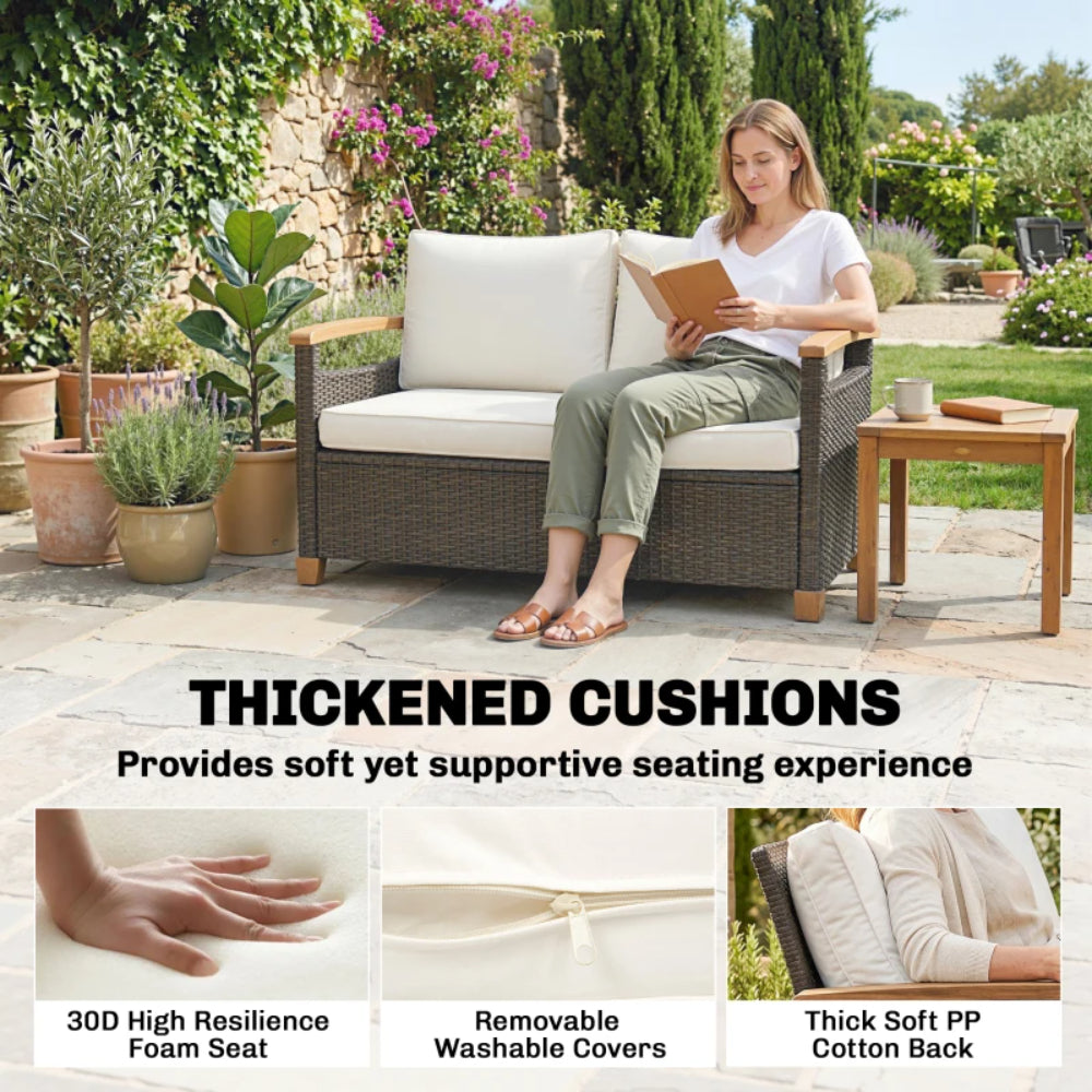 Outsunny 2 Seater Rattan Garden Sofa, Outdoor Sofa with Thickened Cushions and Acacia Wood Armrests