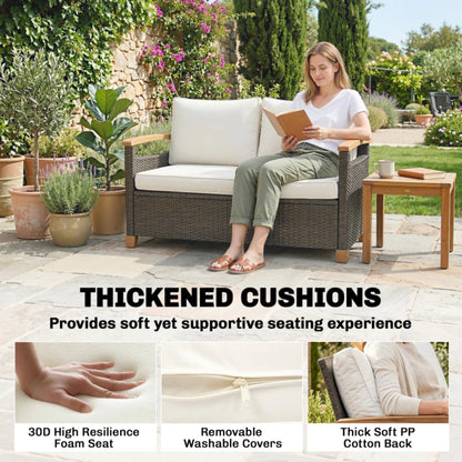 Outsunny 2 Seater Rattan Garden Sofa, Outdoor Sofa with Thickened Cushions and Acacia Wood Armrests