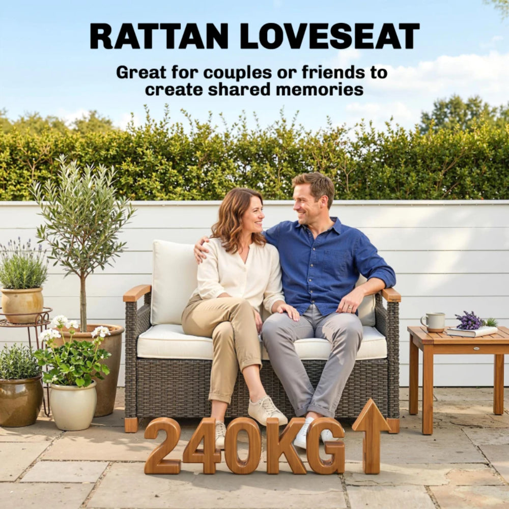 Outsunny 2 Seater Rattan Garden Sofa, Outdoor Sofa with Thickened Cushions and Acacia Wood Armrests