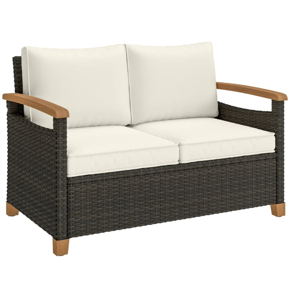 Outsunny 2 Seater Rattan Garden Sofa, Outdoor Sofa with Thickened Cushions and Acacia Wood Armrests