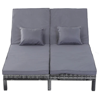 Outsunny 2 Seater Rattan Lounger Adjustable Double Chaise Chair Loveseat w/ Cushion - Grey