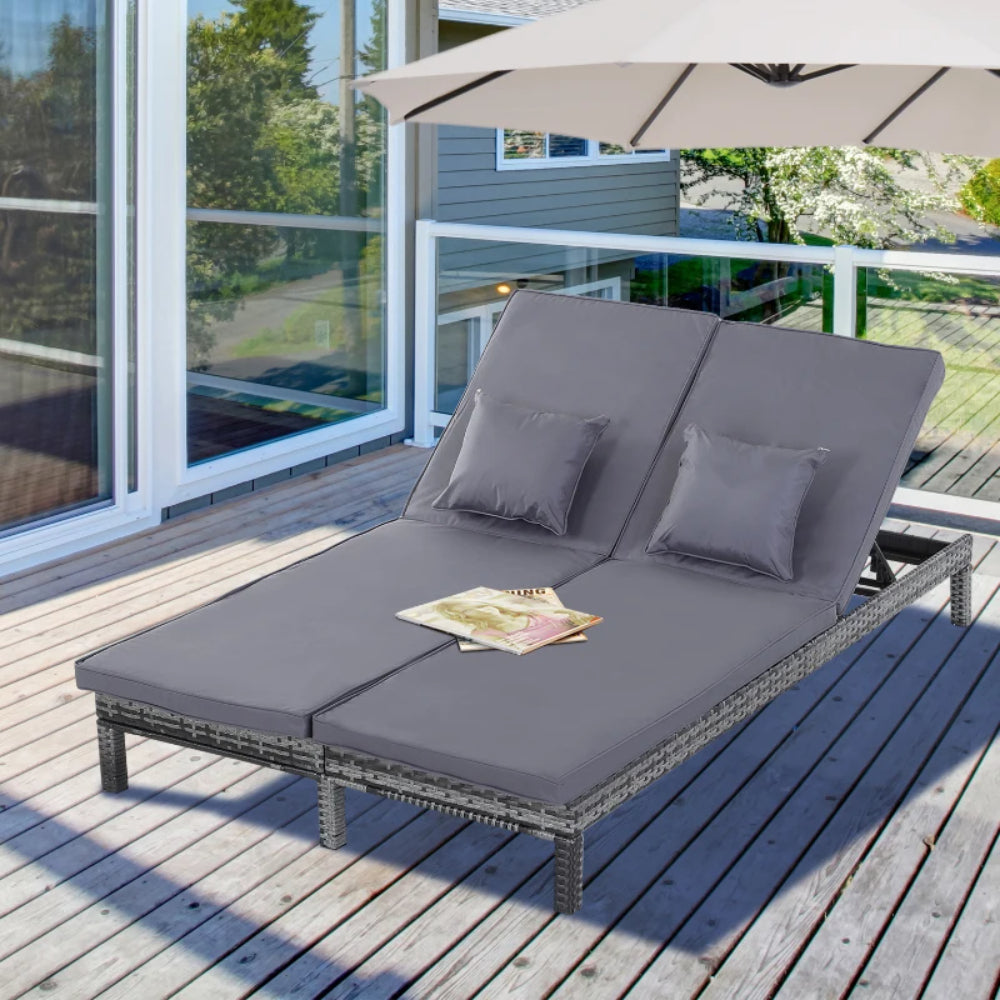 Outsunny 2 Seater Rattan Lounger Adjustable Double Chaise Chair Loveseat w/ Cushion - Grey