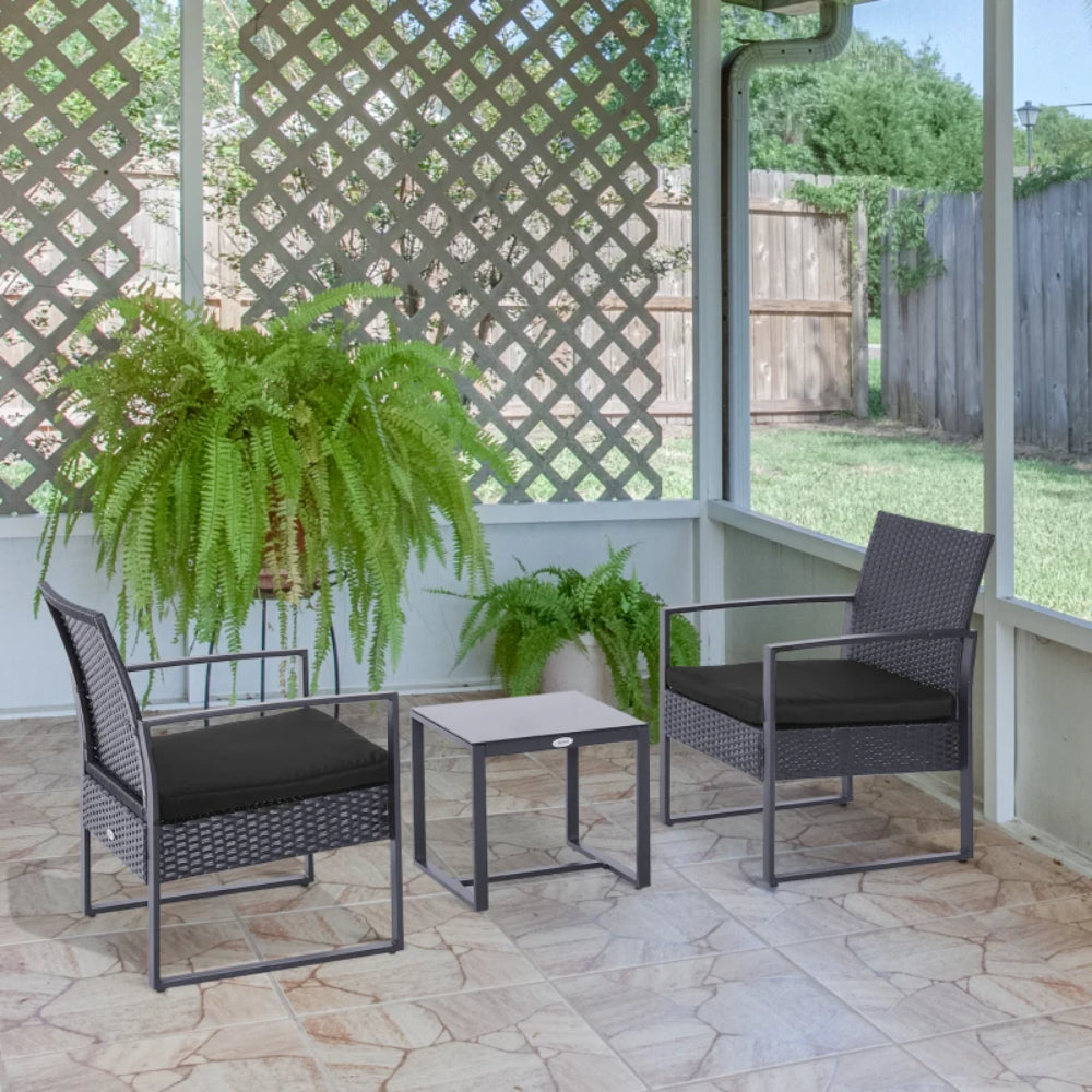 Outsunny 2 Seater Rattan Patio Set W/ Cushions-Grey/Black