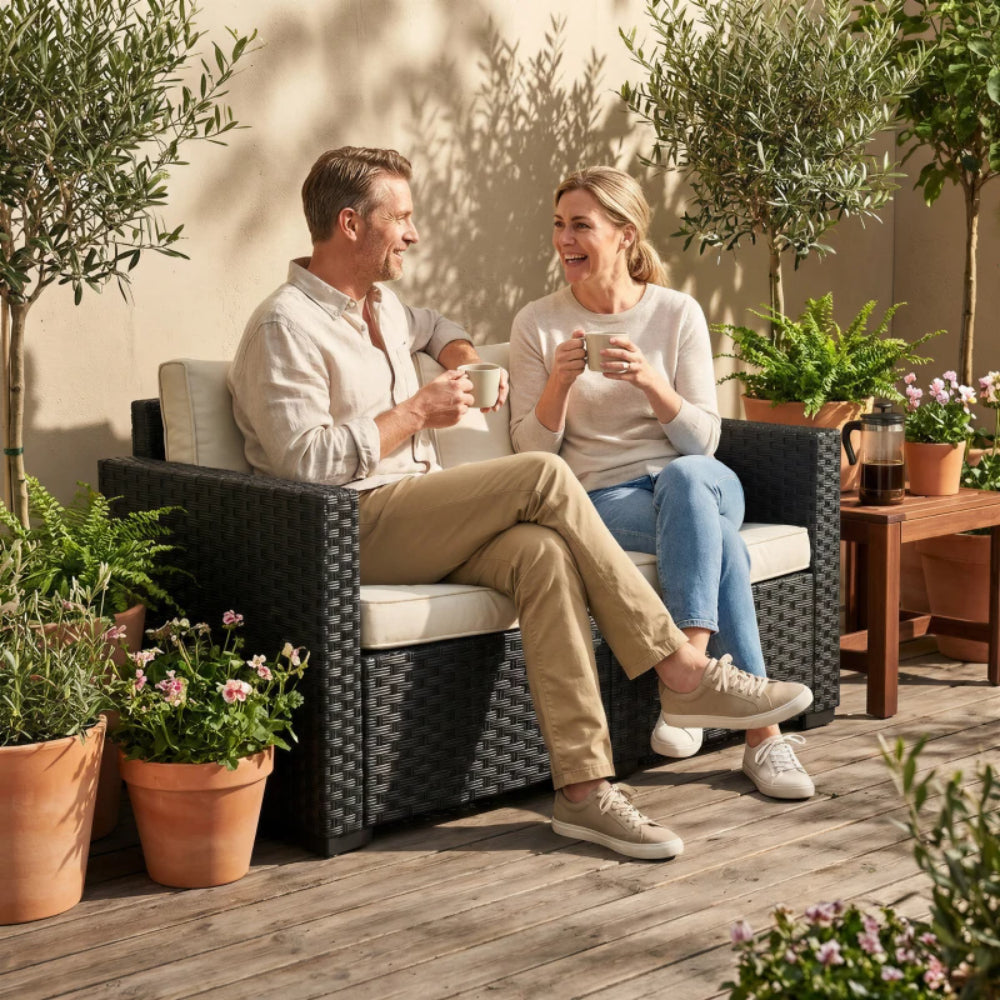 Outsunny 2 Seater Rattan Sofa, Outdoor Garden Sofa with Deep Seat, Cushions, Wide Armrests for Patio, Balcony, Porch