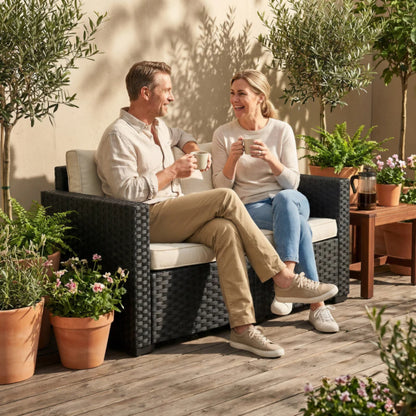 Outsunny 2 Seater Rattan Sofa, Outdoor Garden Sofa with Deep Seat, Cushions, Wide Armrests for Patio, Balcony, Porch