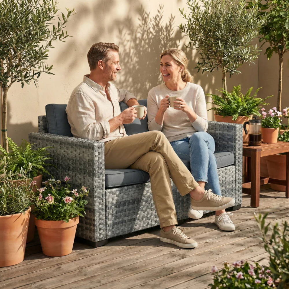 Outsunny 2 Seater Rattan Sofa, Outdoor Garden Sofa with Deep Seat, Cushions, Wide Armrests for Patio, Balcony, Porch