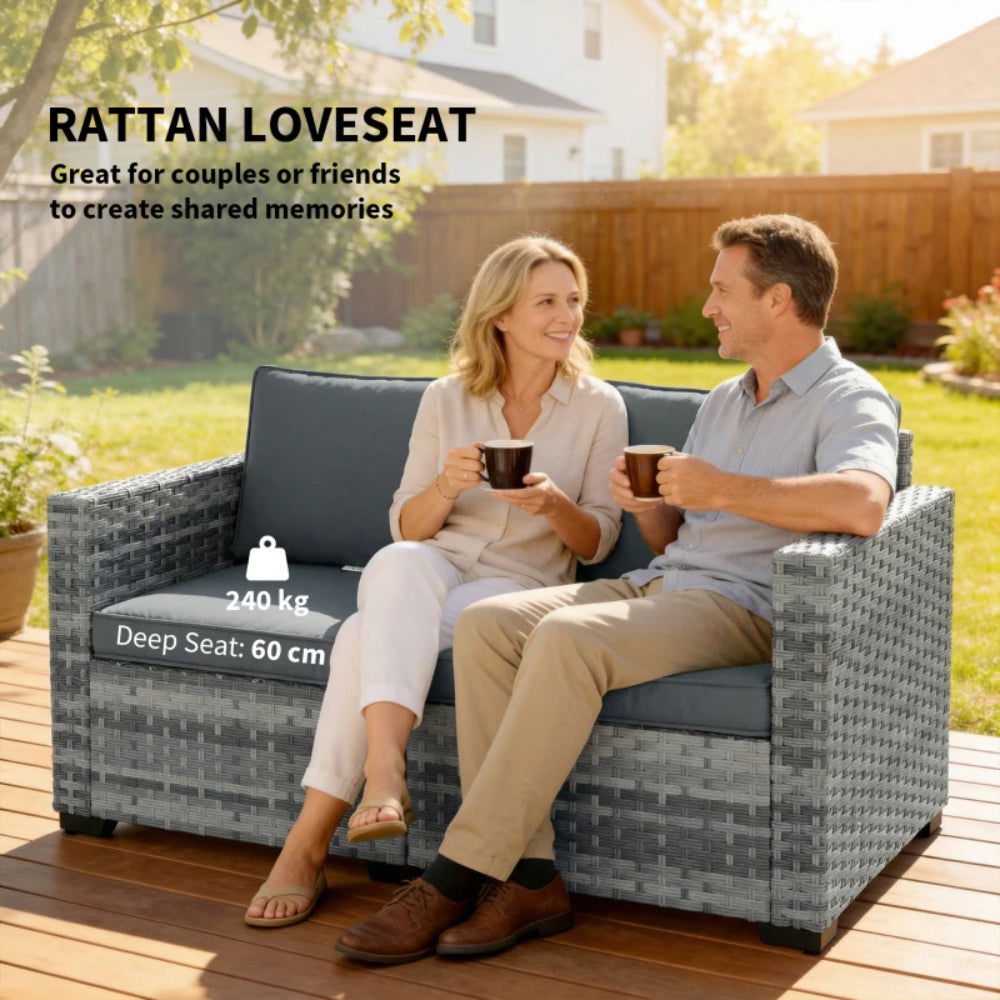 Outsunny 2 Seater Rattan Sofa, Outdoor Garden Sofa with Deep Seat, Cushions, Wide Armrests for Patio, Balcony, Porch