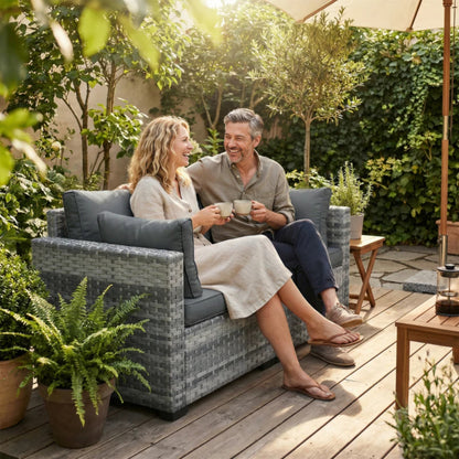 Outsunny 2 Seater Rattan Sofa, Outdoor Garden Sofa with Deep Seat, Cushions, Wide Armrests for Patio, Balcony, Porch