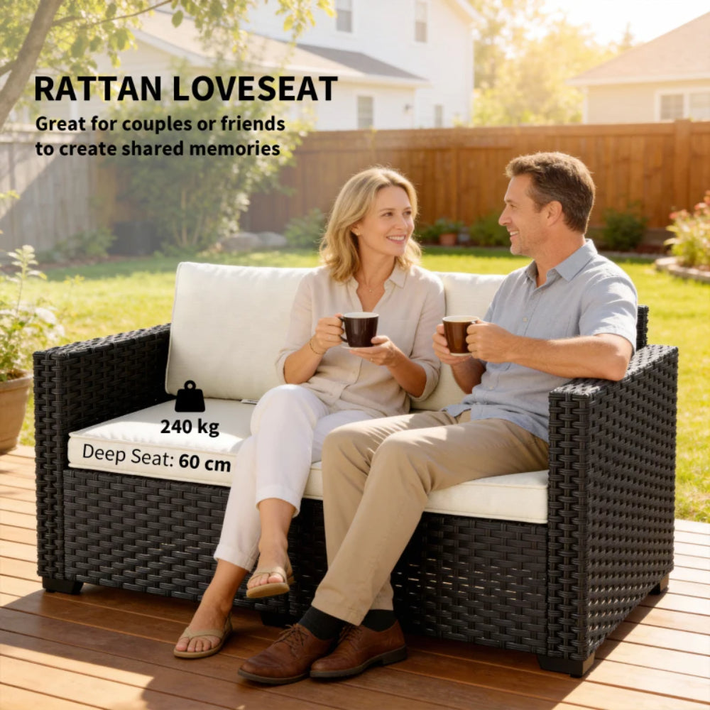 Outsunny 2 Seater Rattan Sofa, Outdoor Garden Sofa with Deep Seat, Cushions, Wide Armrests for Patio, Balcony, Porch