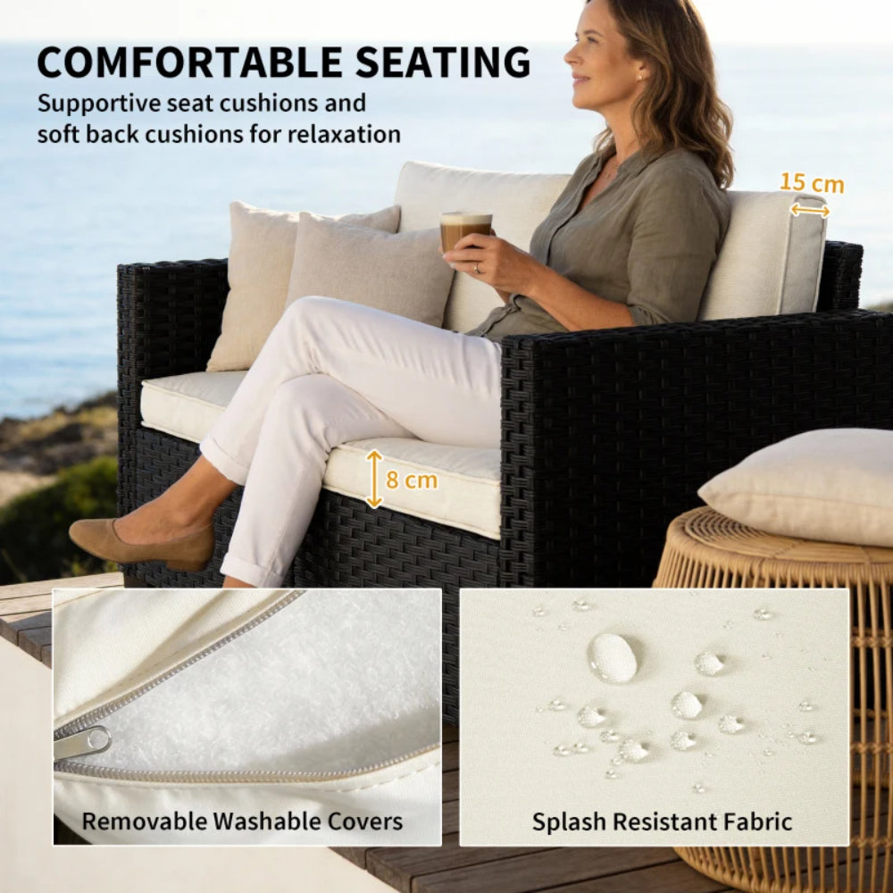 Outsunny 2 Seater Rattan Sofa, Outdoor Garden Sofa with Deep Seat, Cushions, Wide Armrests for Patio, Balcony, Porch